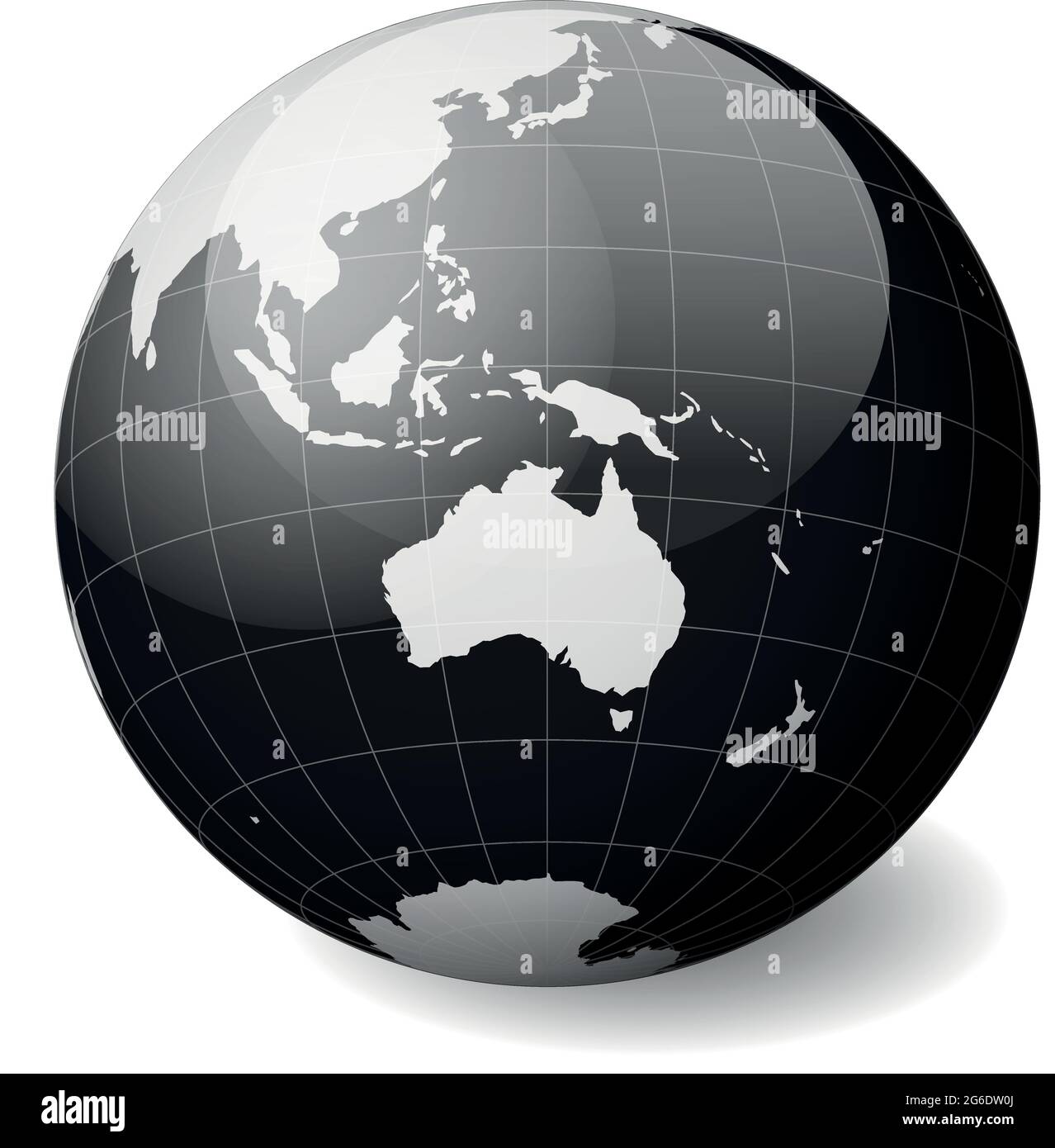 Black Earth globe focused on Australia. With thin white meridians and parallels. 3D glossy sphere vector illustration Stock Vector