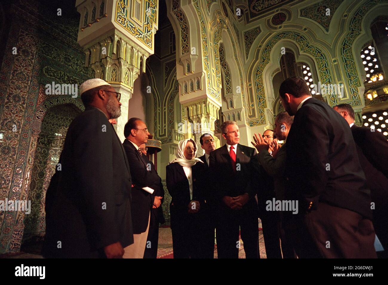 President George W. Bush talks with community leaders Monday, Sept. 17, 2001, after touring the Islamic Center of Washington, D.C.  Photo by Paul Morse, Courtesy of the George W. Bush Presidential Library Stock Photo