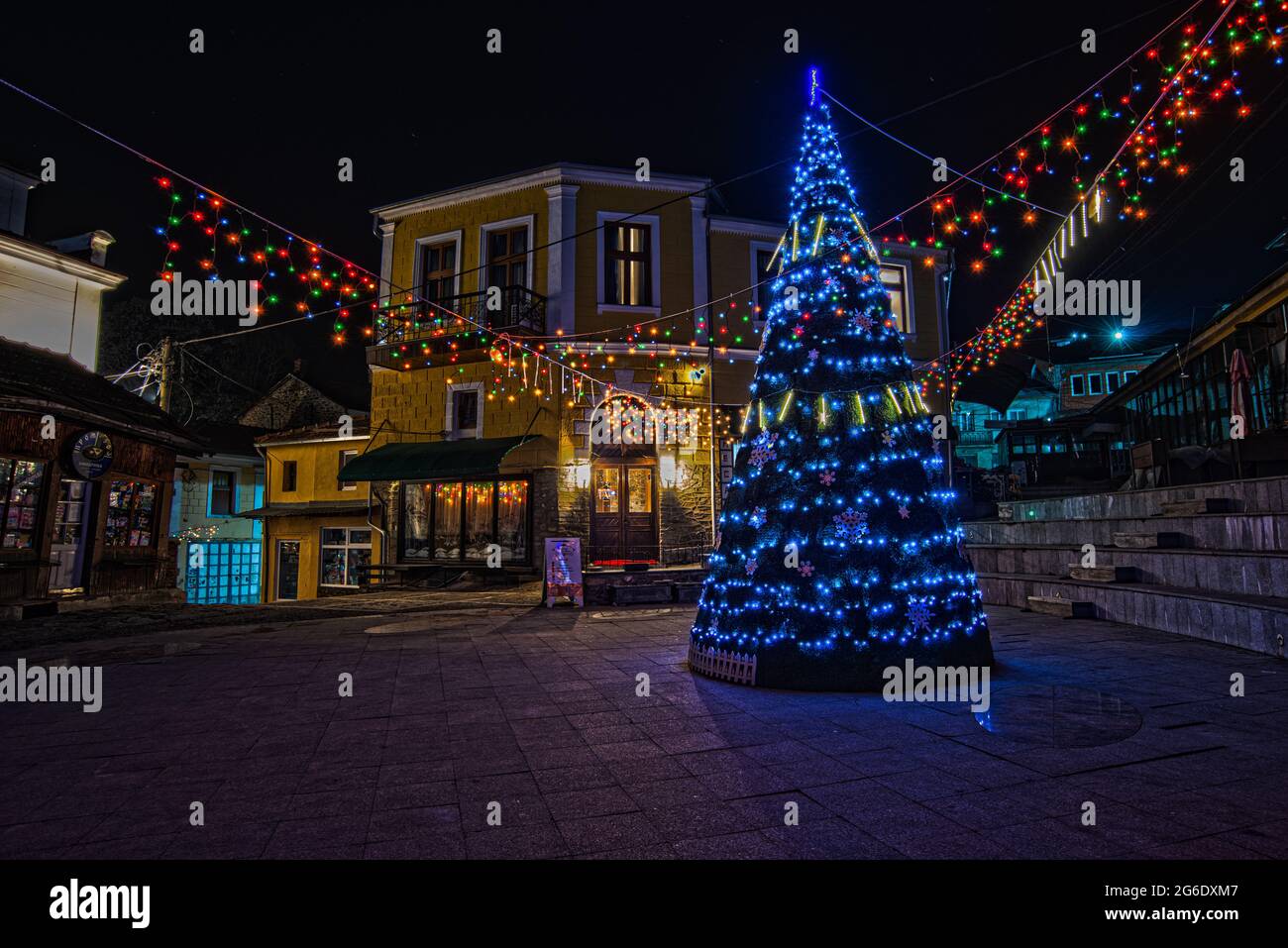Outdoor Christmas tree at night in Krushevo North Macedonia Stock Photo