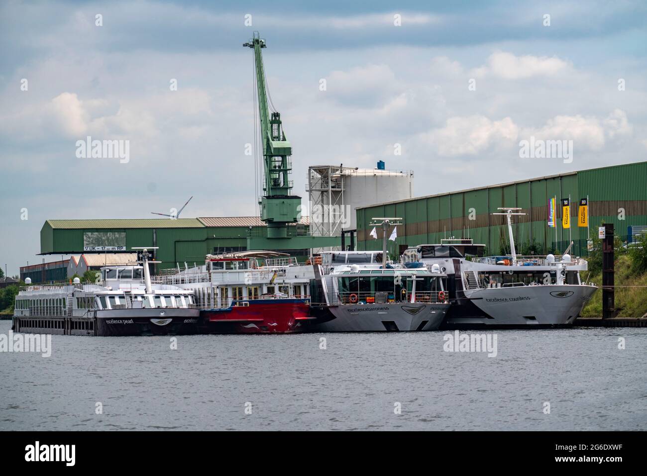 Inland port Duisburg Ruhrort, harbour basin C, river cruise ships are at anchor due to cancelled trips in the Corona crisis, NRW, Germany, Stock Photo