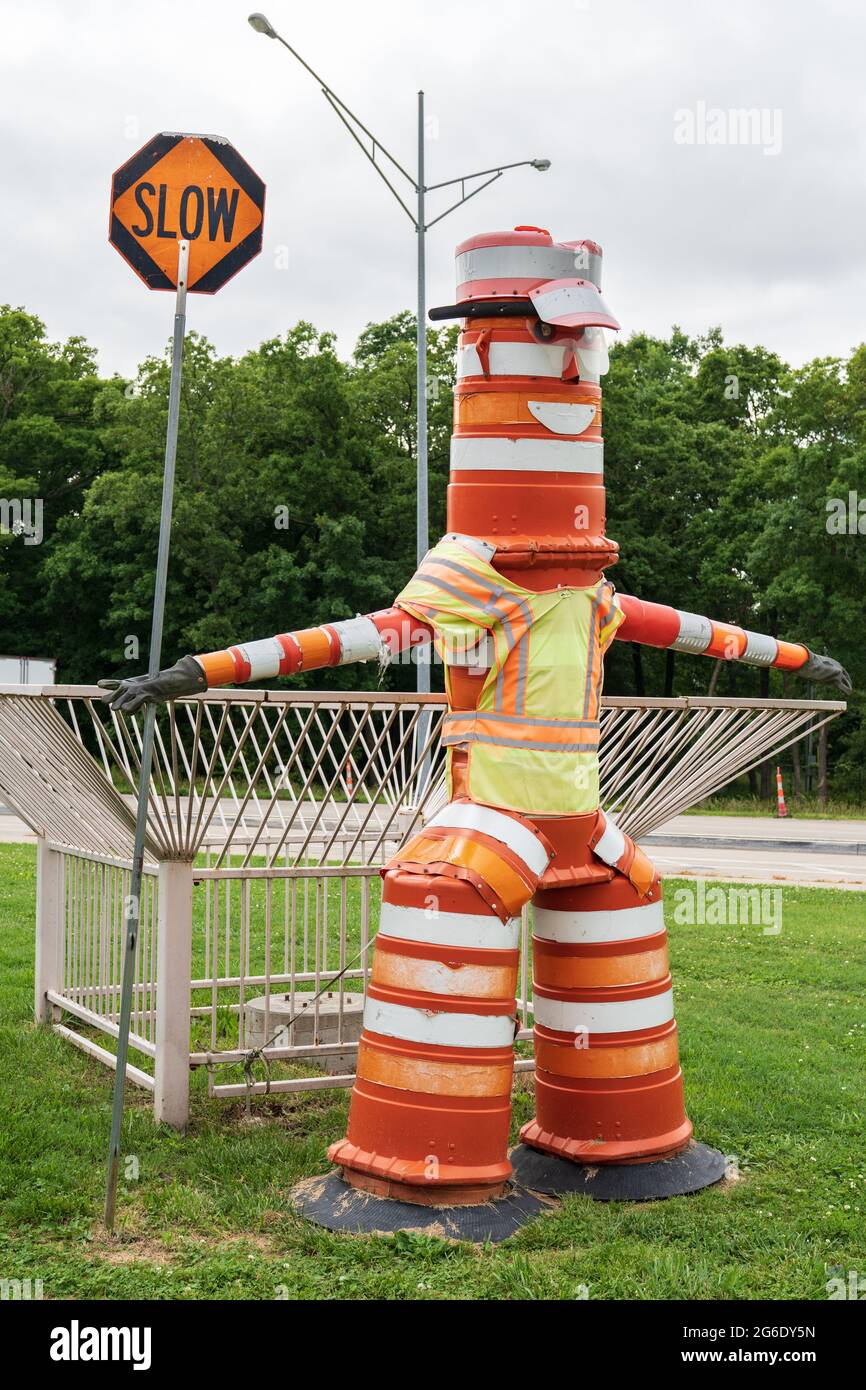 Conway, MO - June 8, 2021: Barrel Bob is the Missouri Department of Transportation’s mascot for promoting work zone safety. Stock Photo