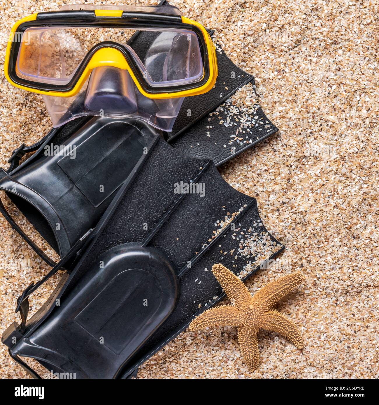 scuba fins and snorkel mask with starfish in the sand Stock Photo Alamy