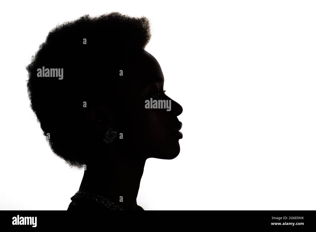 Close up profile silhouette portrait of african american black woman on white studio background. Stock Photo