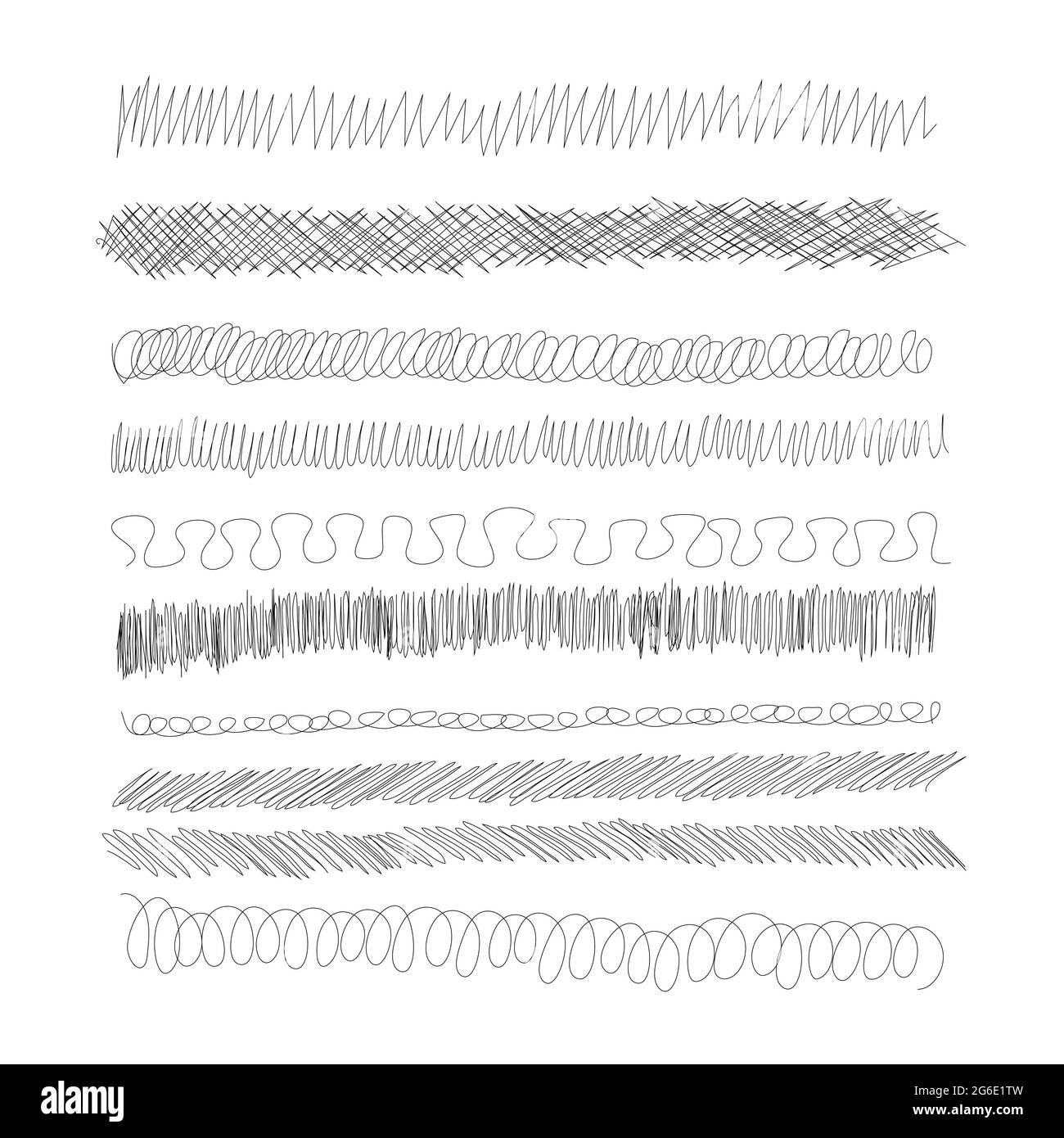 Ink pen scrawl borders collection - various rows of hand drawn scribble line drawings. Stock Vector