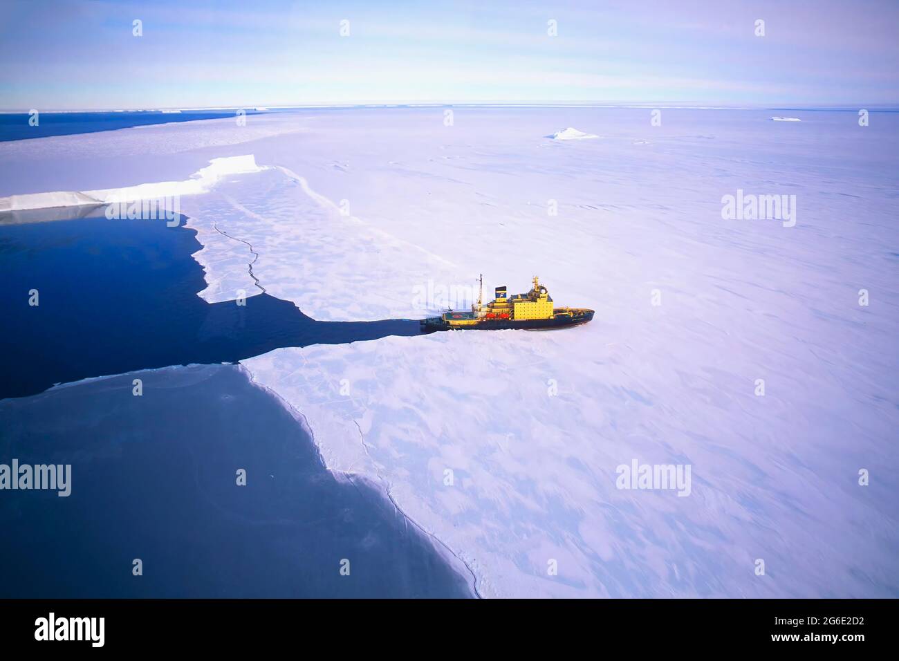 Russian Icebreaker Kapitan Khlebnikov making its way in the frozen sea near Atka Iceport or Atka Bay, Weddell Sea, Antarctica Stock Photo