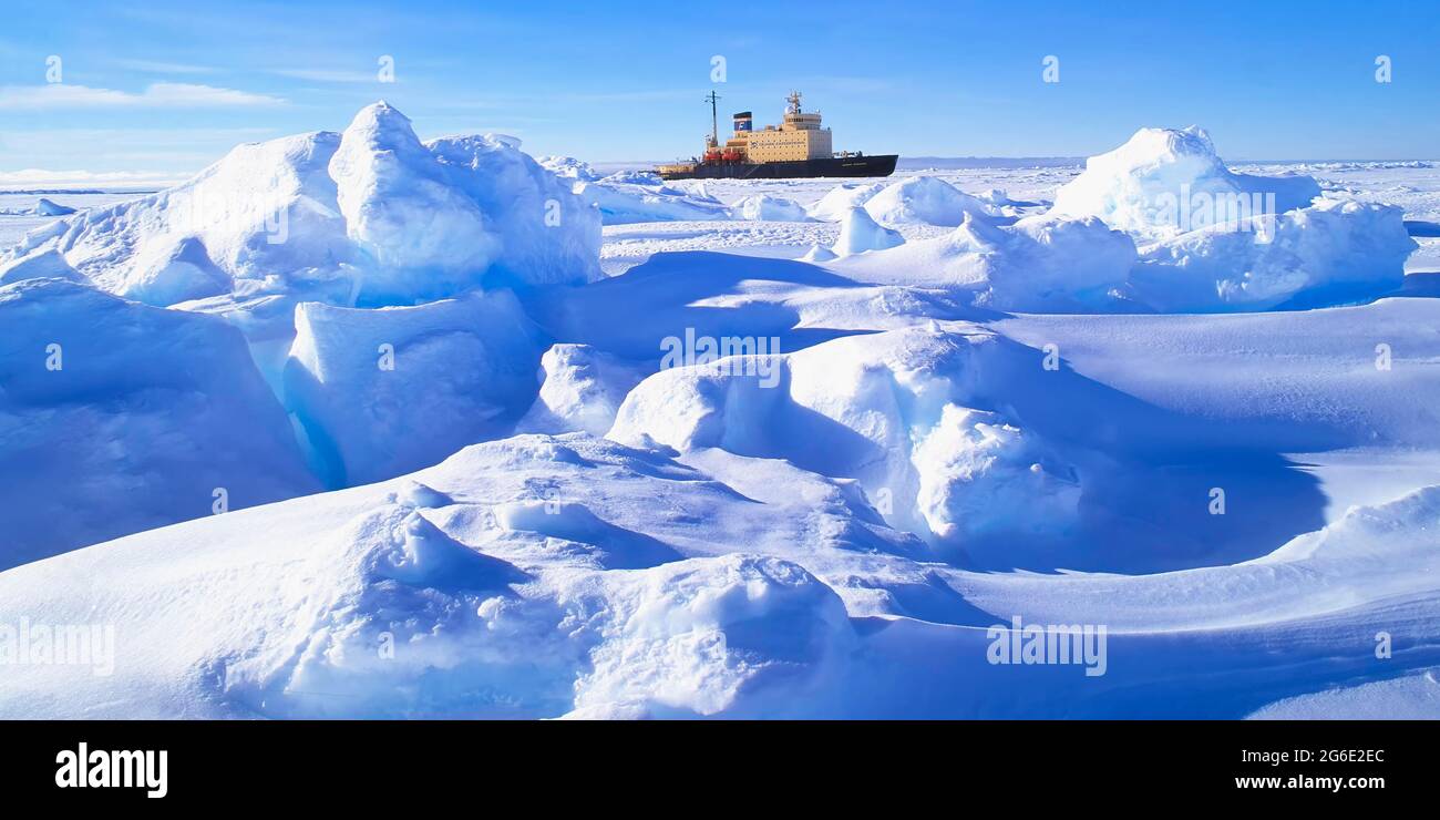 Russian Icebreaker Kapitan Khlebnikov parked in the frozen sea at Drescher Inlet Iceport, Queen Maud Land, Weddell Sea, Antarctica Stock Photo