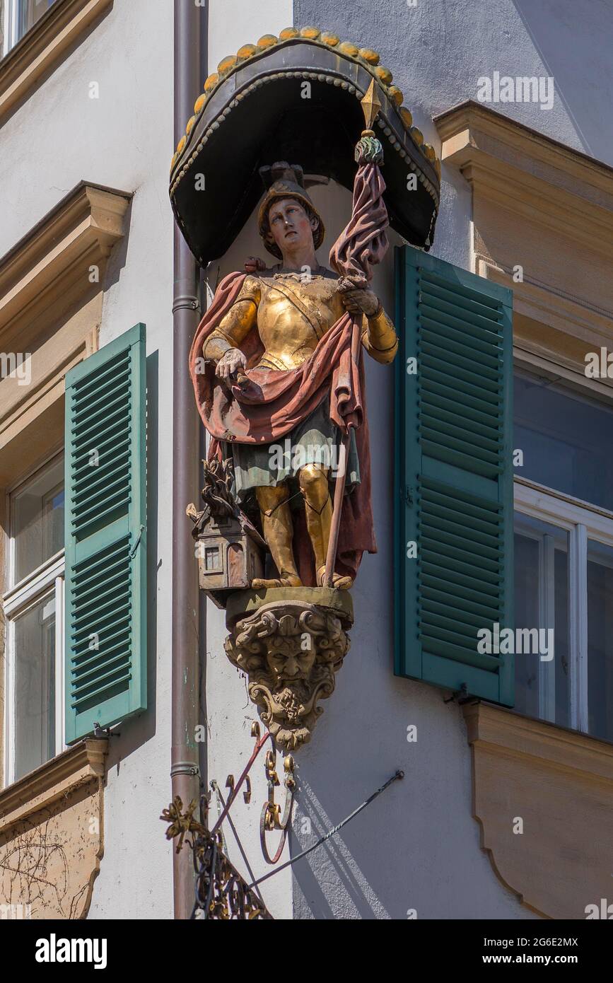 Figure of St. Florian on a corner house, Bamberg, Upper Franconia, Bavaria, Germany Stock Photo