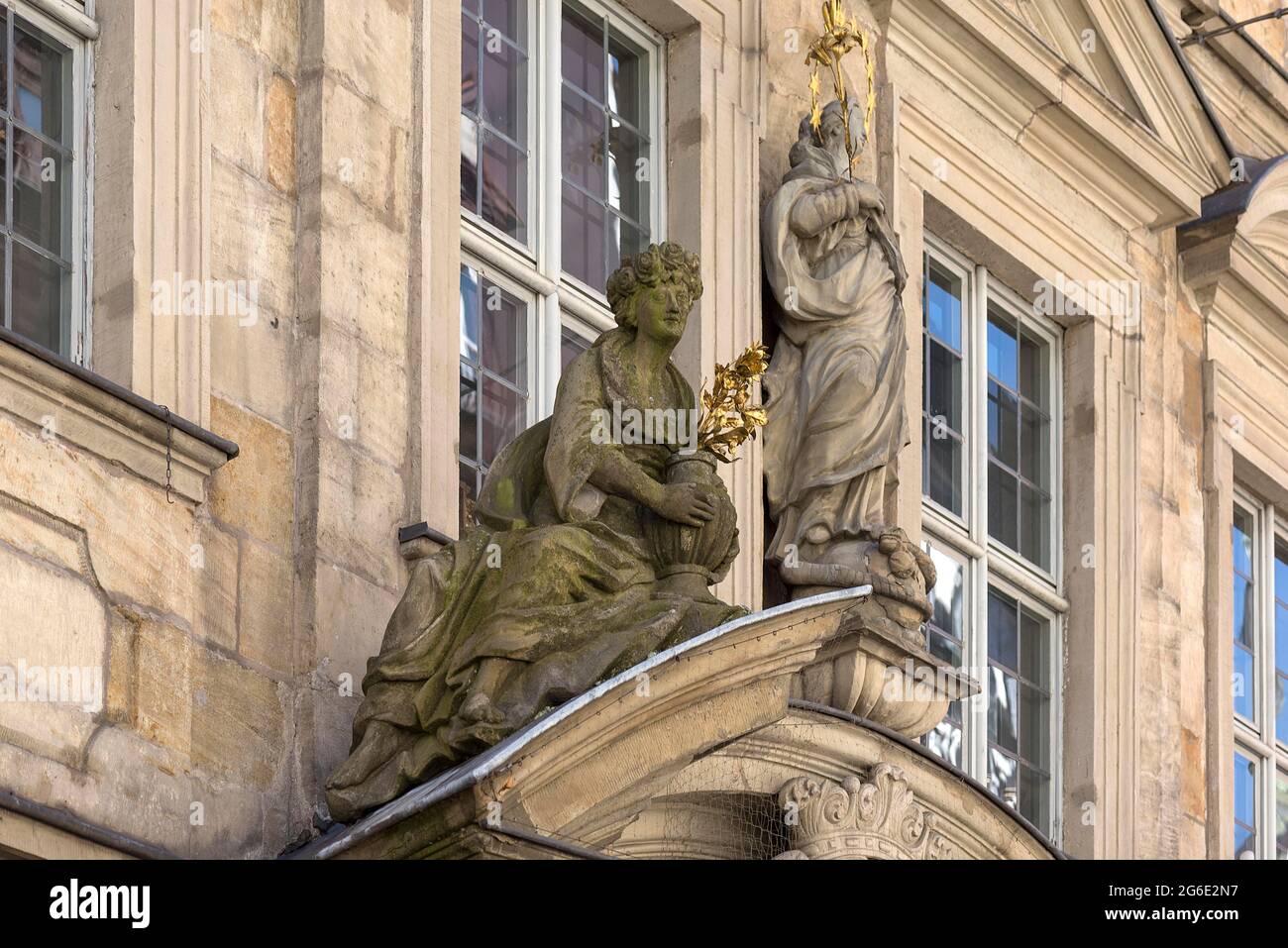 Sculpture of the spring goddess Flora above the entrance portal of the Bibrahaus, built 1716, Bamberg, Upper Franconia, Bavaria, Germany Stock Photo