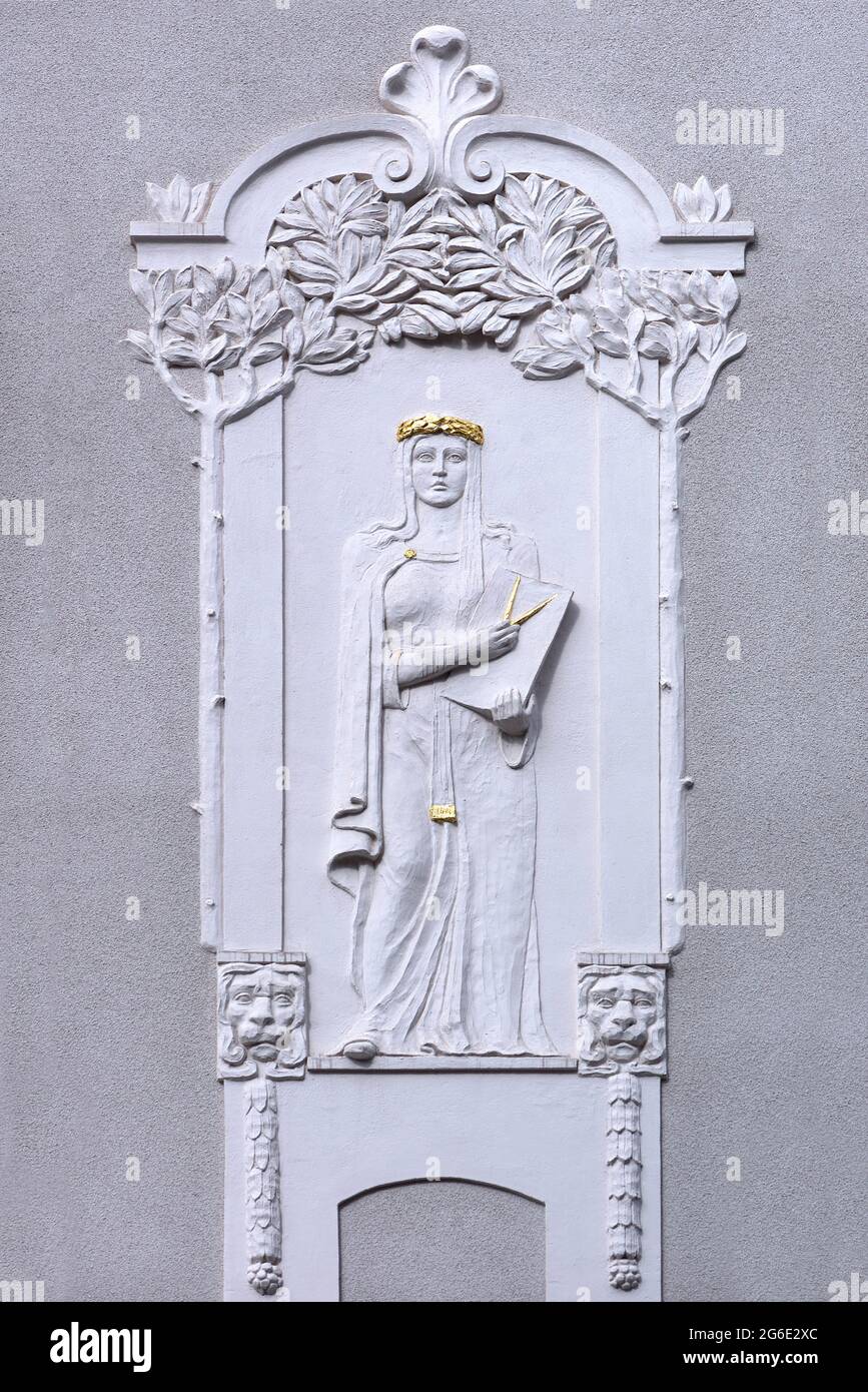 Art Nouveau relief of a woman with compasses on a residential house from 1908, Nuremberg, Middle Franconia, Bavaria Germany Stock Photo