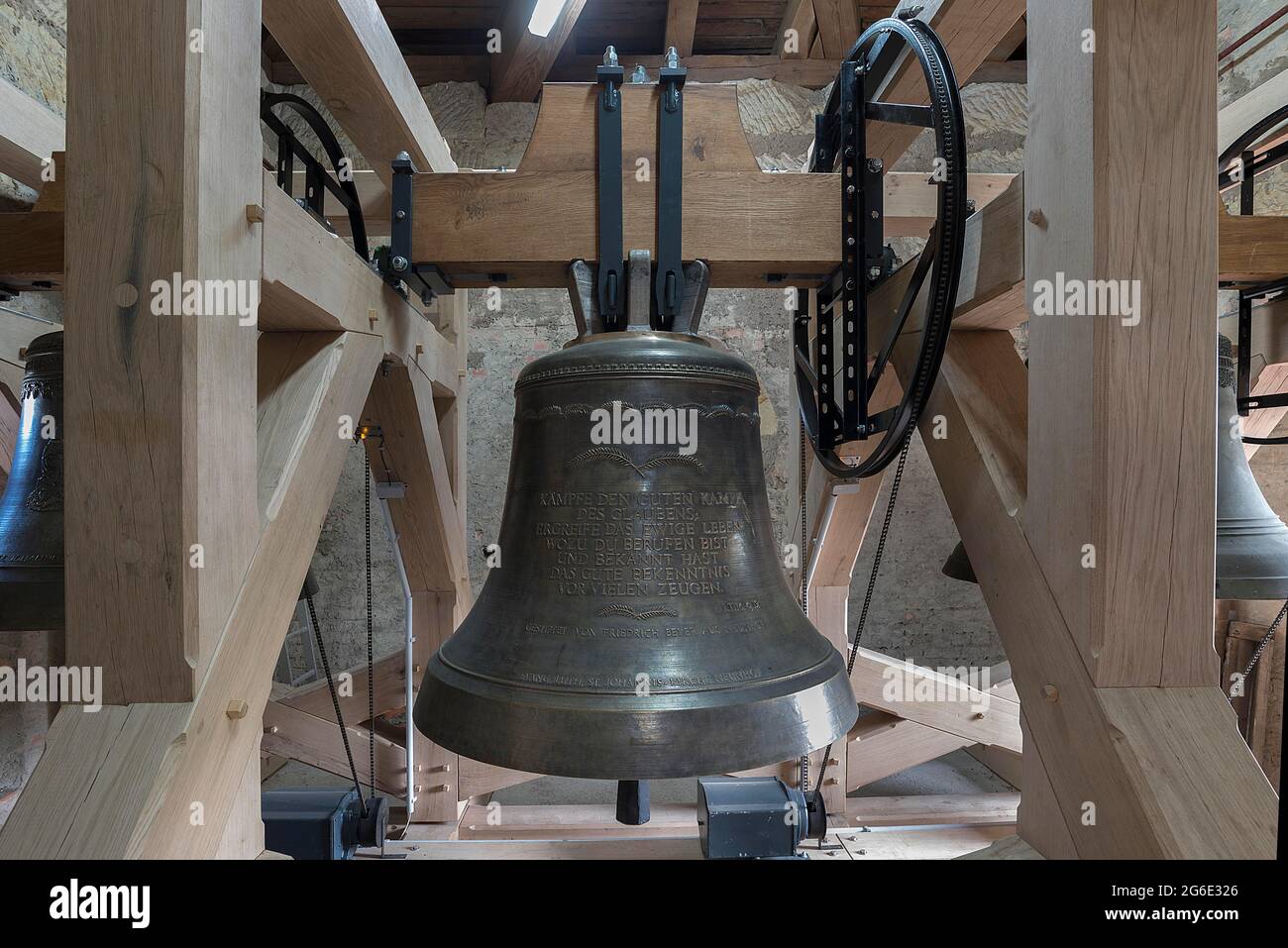 New belfry with new bell, Neunhof near Lauf, Middle Franconia, Bavaria, Germany Stock Photo