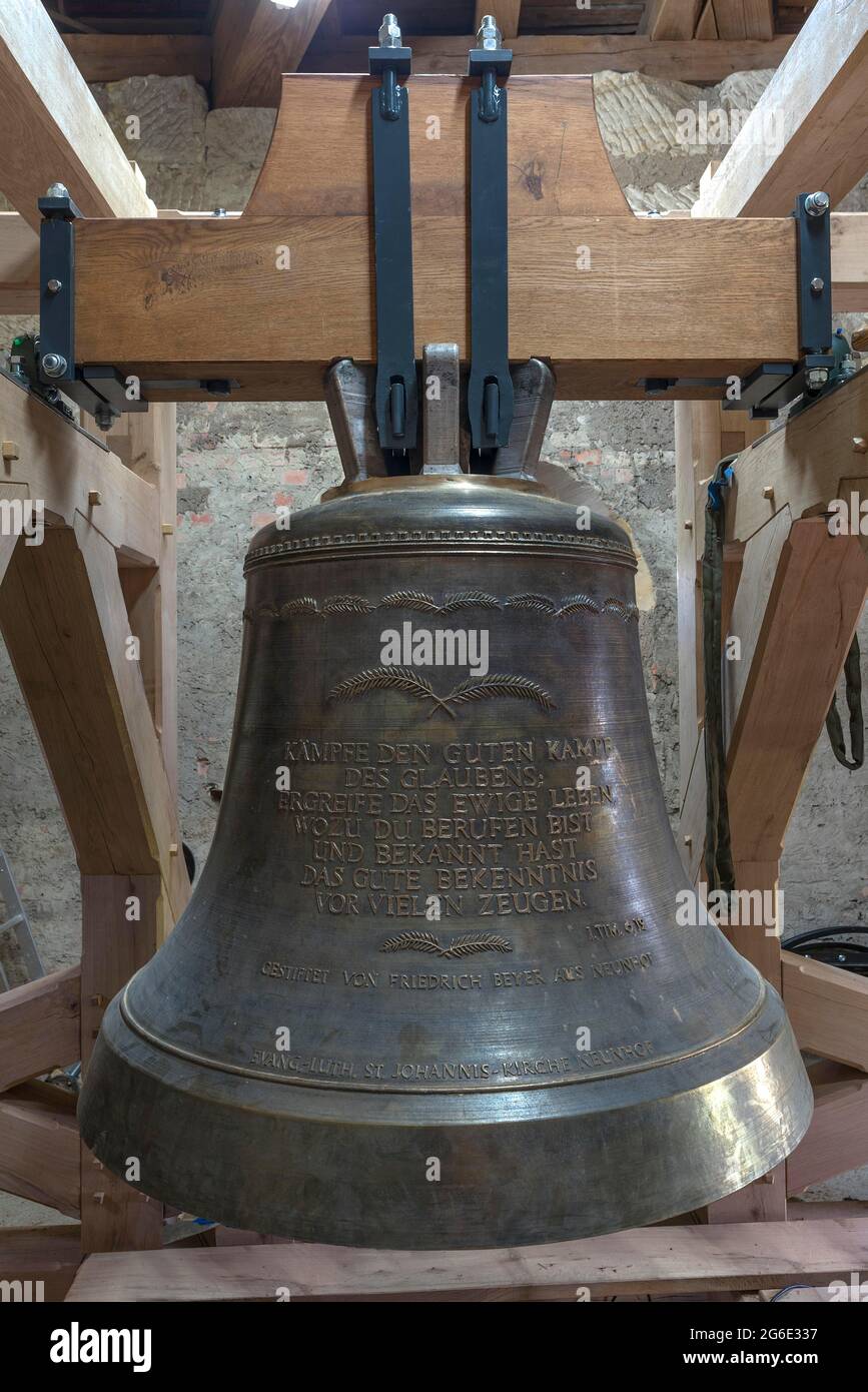 New bell mounted in the belfry, St, Johannis church, Neunhof, Mittelframken, Bavaria, Germany Stock Photo