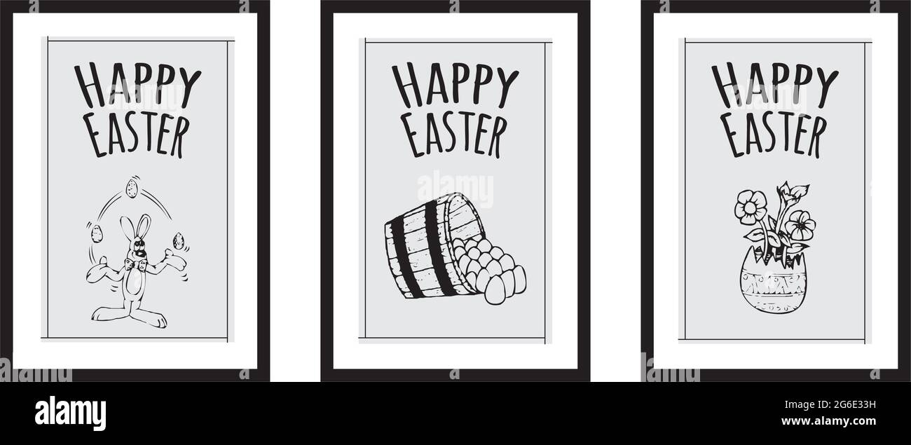 Three different design minimalist poster for happy easter in black frame with eggs,nest, typography - vector Stock Vector