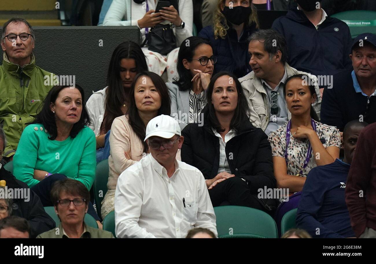 Parents of Emma Raducanu, Renee Raducanu (2nd left), and Ian Raducanu (top,  second right) are in the stands watching Emma Raducanu in action against  Ajla Tomljanovic in their Ladies' Singles Round of