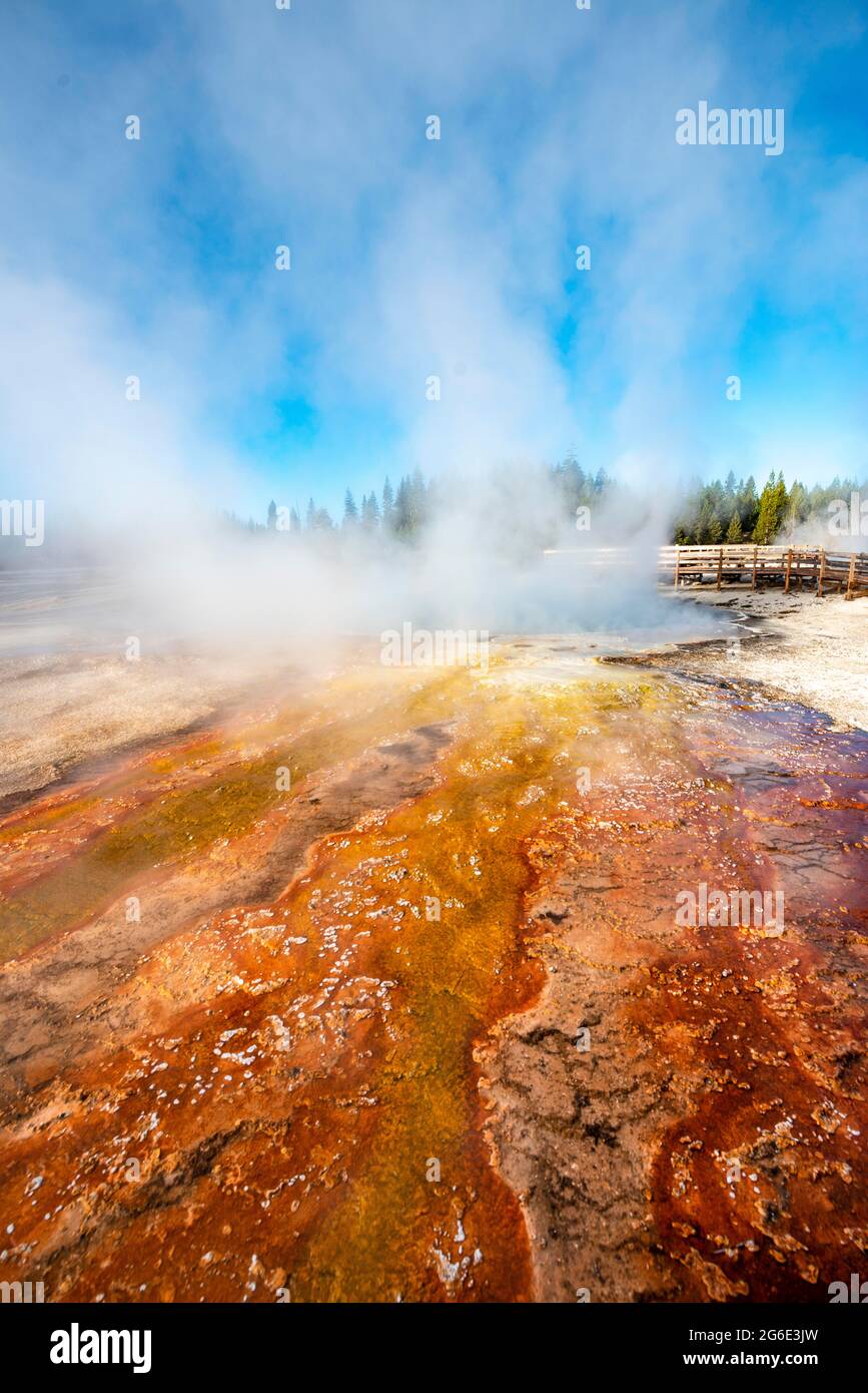 Orange and red mineral deposits, steaming hot springs, morning sun, West Thumb Geyser Basin, Yellowstone National Park, Wyoming, USA Stock Photo