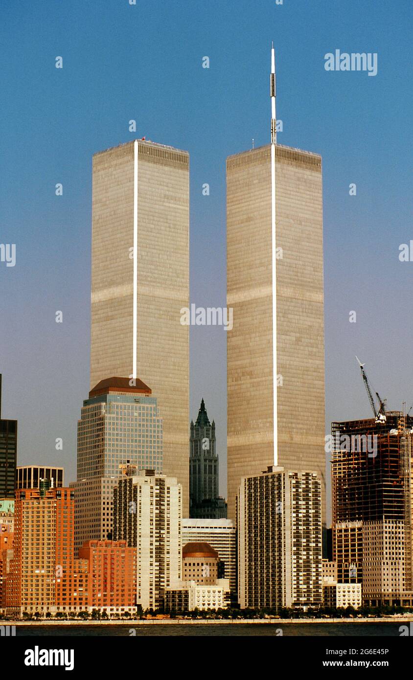 New York City's World Trade Center twin towers seen during daytime, circa 1985. Stock Photo