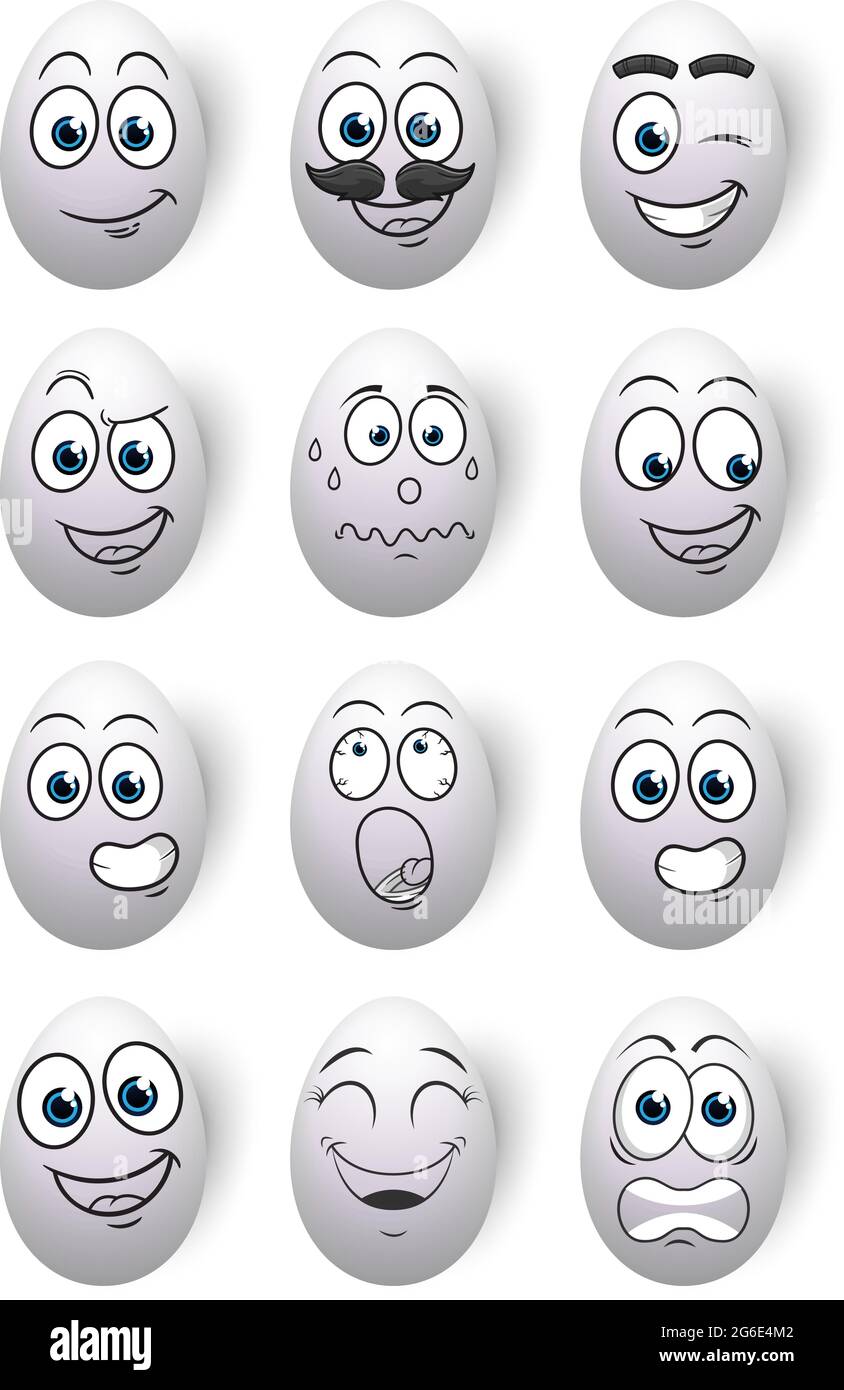 Happy Easter white eggs nine different face cartoon isolated on white background - vector illustration Stock Vector