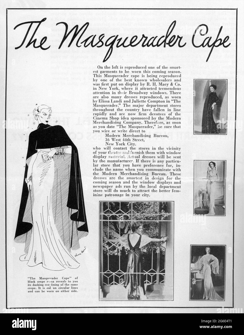Women's Fashion Exploitation for Stores including R.H. Macy and Co. in New York selling Copies of Clothes worn by ELISSA LANDI and JULIETTE COMPTON in THE MASQUERADER 1933 director RICHARD WALLACE novel Katherine Cecil Thurston play John Hunter Booth adaptation and screenplay Howard Estabrook costume design Milo Anderson The Samuel Goldwyn Company / United Artists Stock Photo