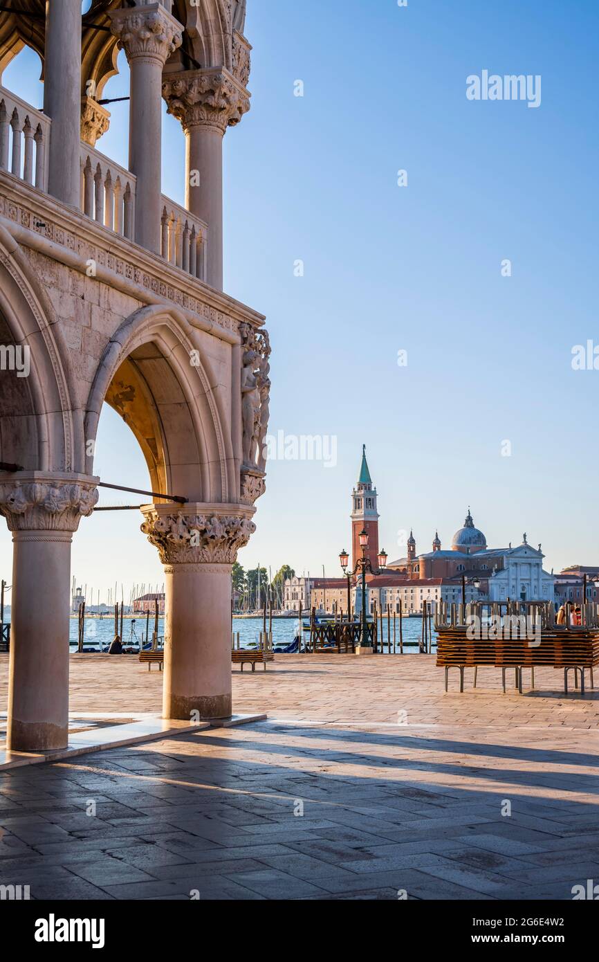 Doge's Palace and Isola di San Giorgio Maggiore with Church of San Giorgio Maggiore, Venice, Veneto, Italy Stock Photo