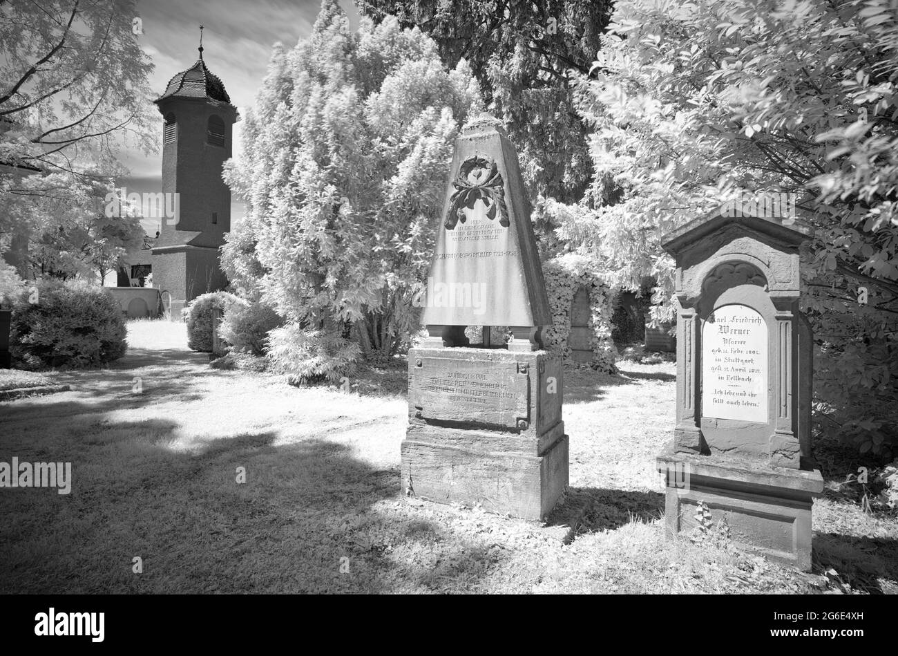 Infrared image, historical old cemetery, Fellbach, Baden-Wuerttemberg, Germany Stock Photo