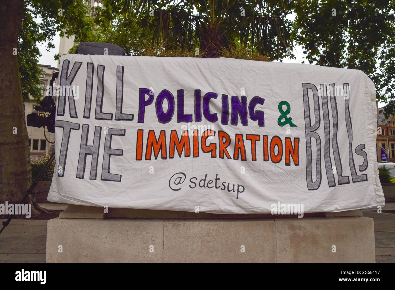 London, United Kingdom. 5th July 2021. Kill The Bill demonstrators gathered in Parliament Square in protest against the Police, Crime, Sentencing and Courts Bill, which many say would give police more powers over protests in the UK. Stock Photo