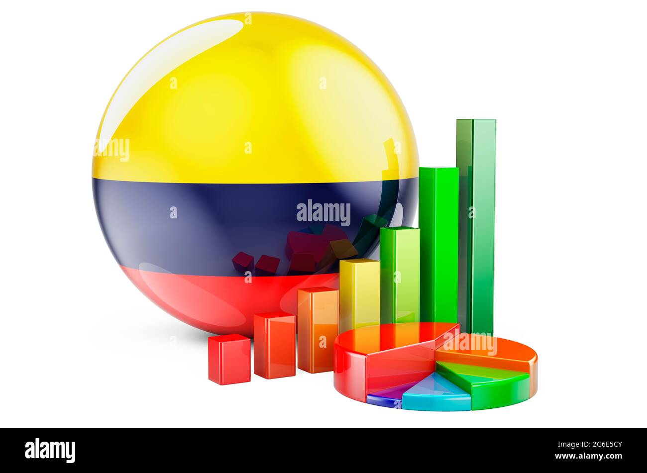 Colombian flag with growth bar graph and pie chart. Business, finance, economic statistics in Colombia concept. 3D rendering isolated on white backgro Stock Photo