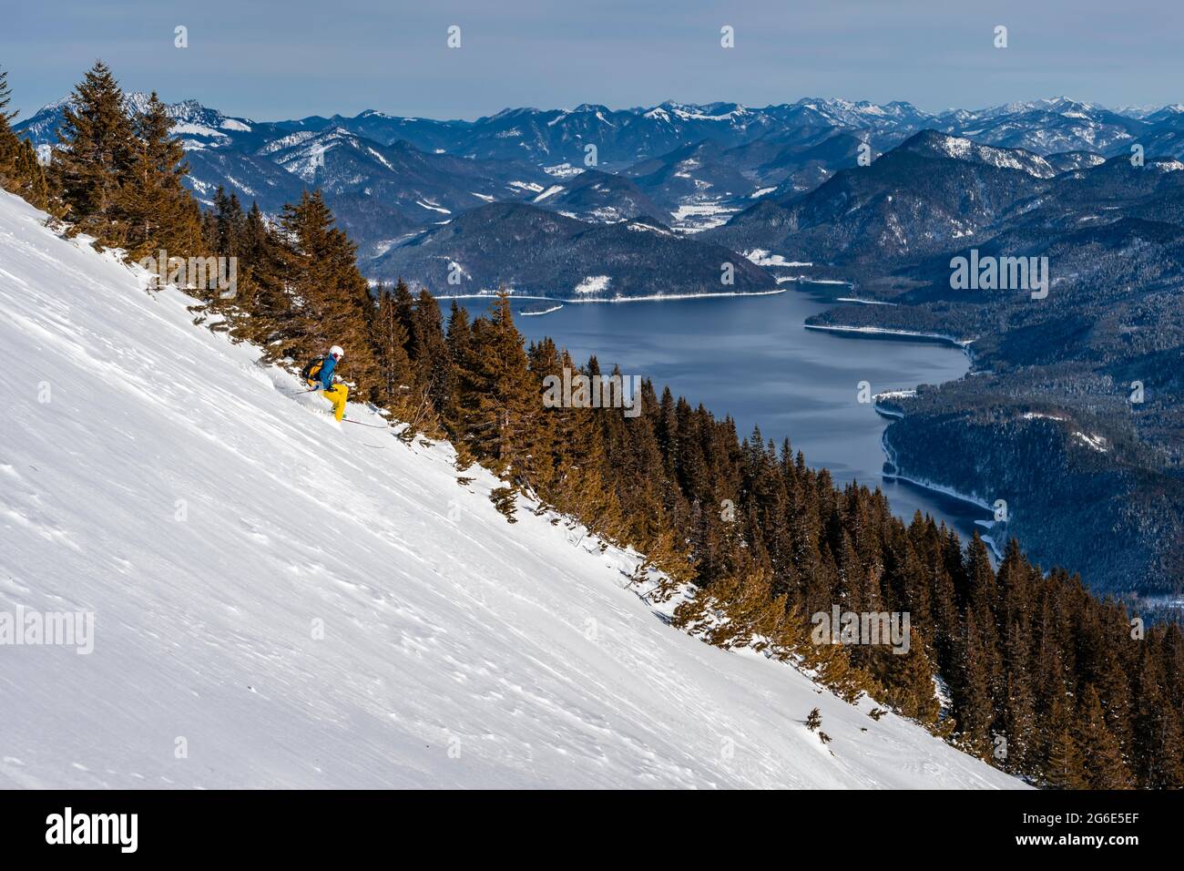 Skier leading down steep slope, ski tour, downhill from Simetsberg, view to Walchensee, Estergebirge, Bavarian Prealps, Bavaria, Germany Stock Photo