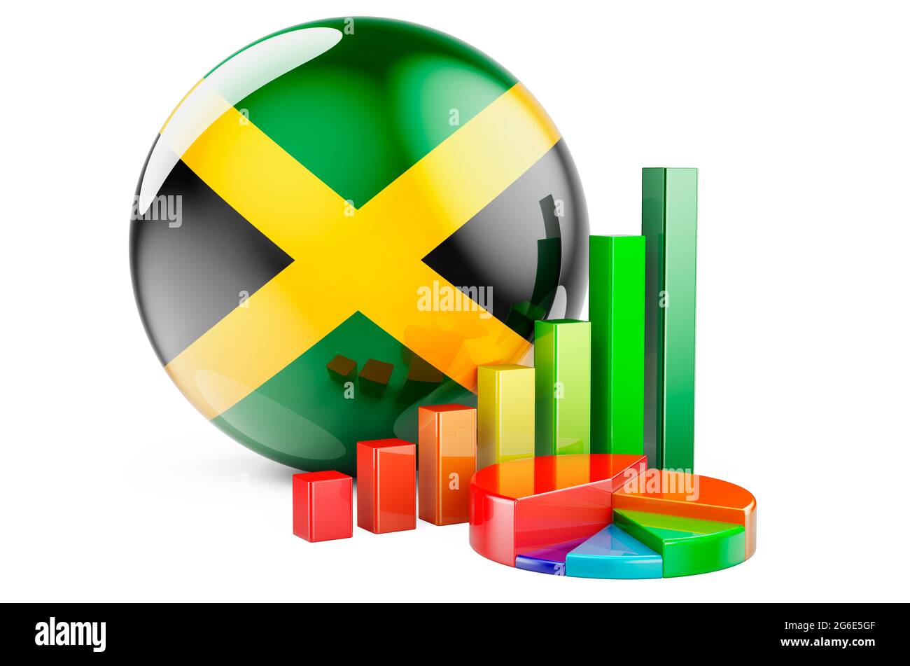 Jamaican flag with growth bar graph and pie chart. Business, finance