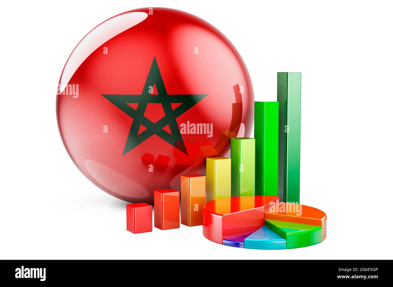 Moroccan flag with growth bar graph and pie chart. Business, finance