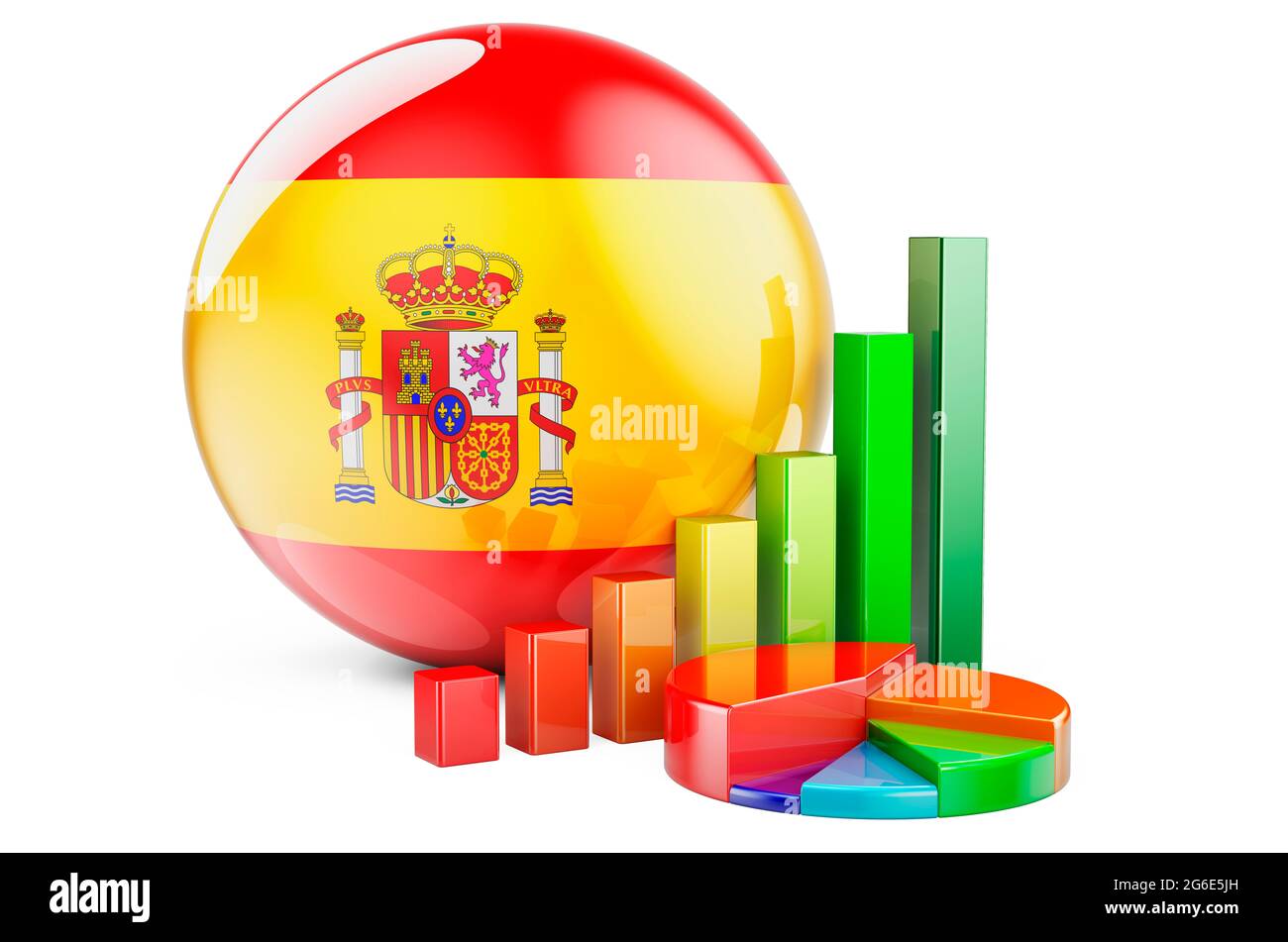 Spanish flag with growth bar graph and pie chart. Business, finance