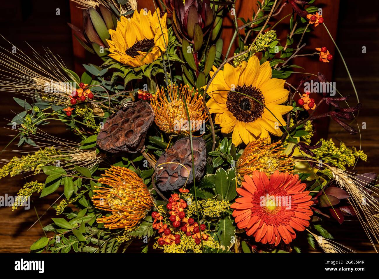 Closeup of a fall floral flower arrangement. Stock Photo