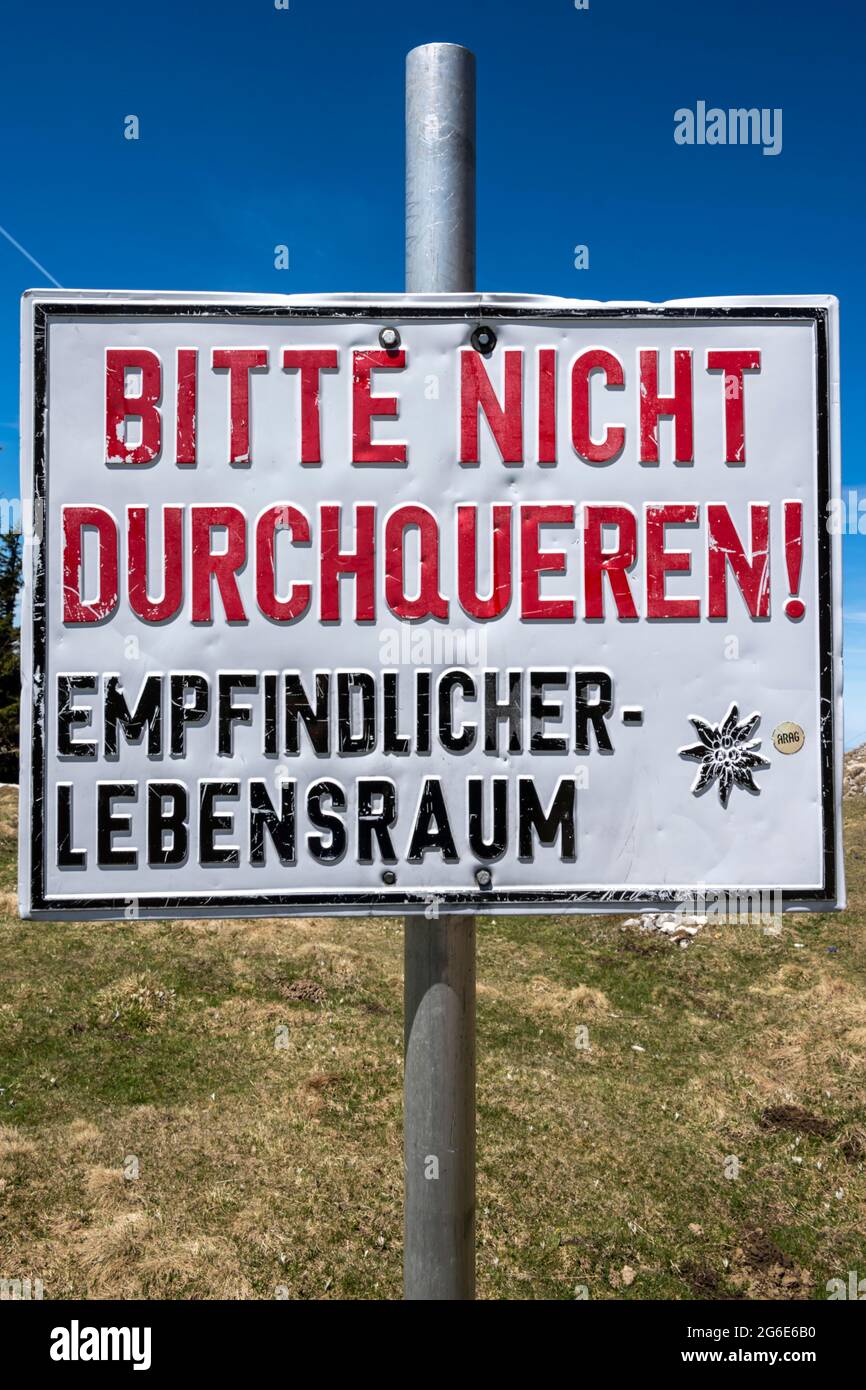 Sign, Please do not cross, Sensitive habitat, Fischbachau, Bavaria, Germany Stock Photo