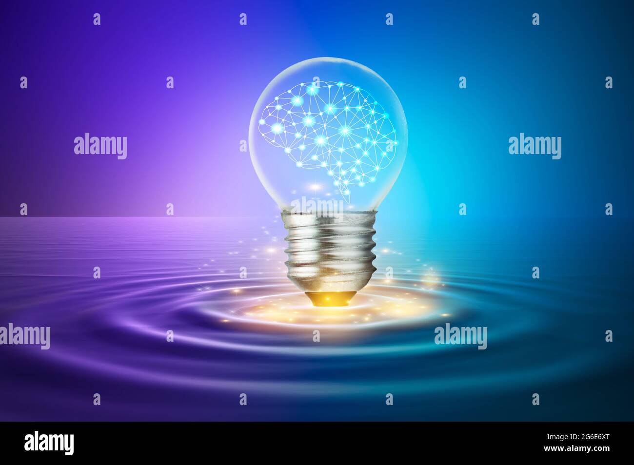 A light bulb with a brain inside is floating above the surface.concepts using imagination and ideas Stock Photo