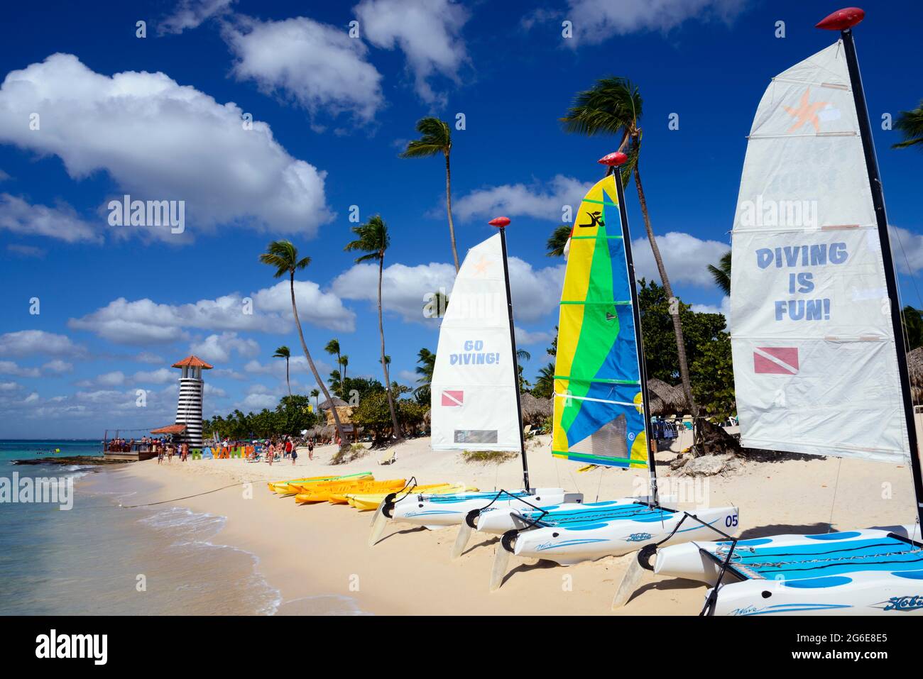 Catamarans and lighthouse, bar of the hotel Iberostar Hacienda Dominicus, Dominicus beach, Bayahibe, Caribbean, America, Dominican Republic Stock Photo