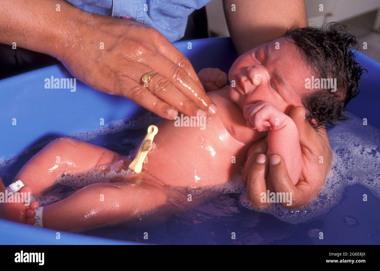 newborn Asian baby having first bath in postnatal ward of maternity hospital Stock Photo