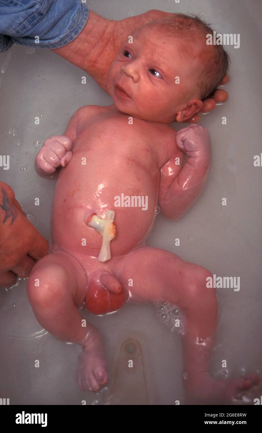 father bathing his newborn baby boy just born in hospital Stock Photo