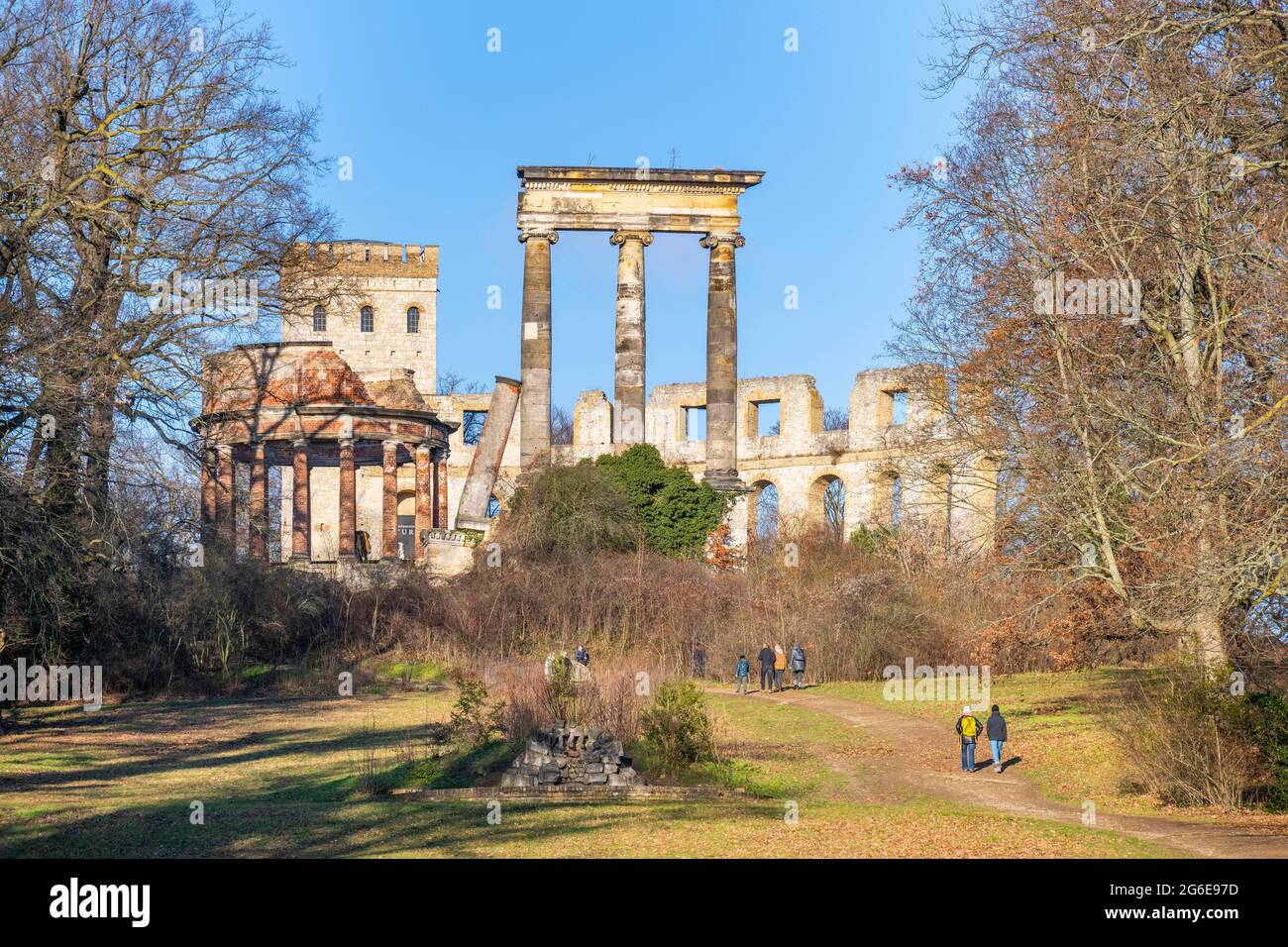 Artificial ruins and Norman Tower on Ruinenberg in winter, Potsdam, Brandenburg, Germany Stock Photo