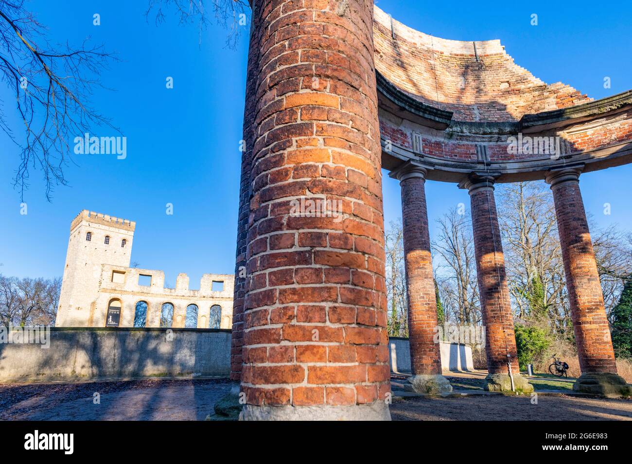Monopteros and Norman Tower on the Ruinenberg in winter, Potsdam, Brandenburg, Germany Stock Photo