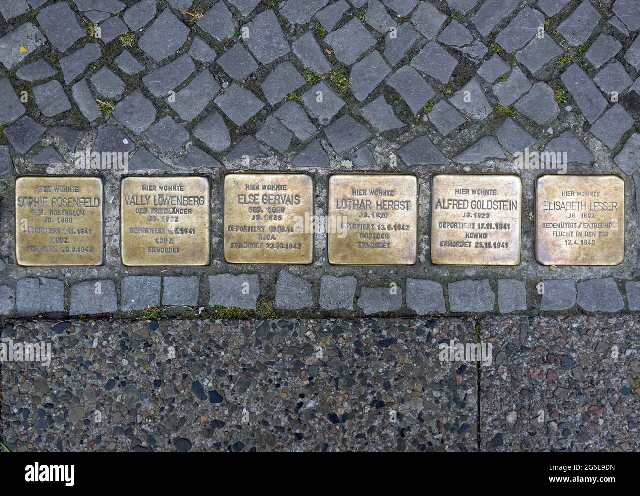Stolpersteine, commemoration of the victims of the dictatorship under National Socialism, Salzburger Strasse, Berlin, Germany Stock Photo