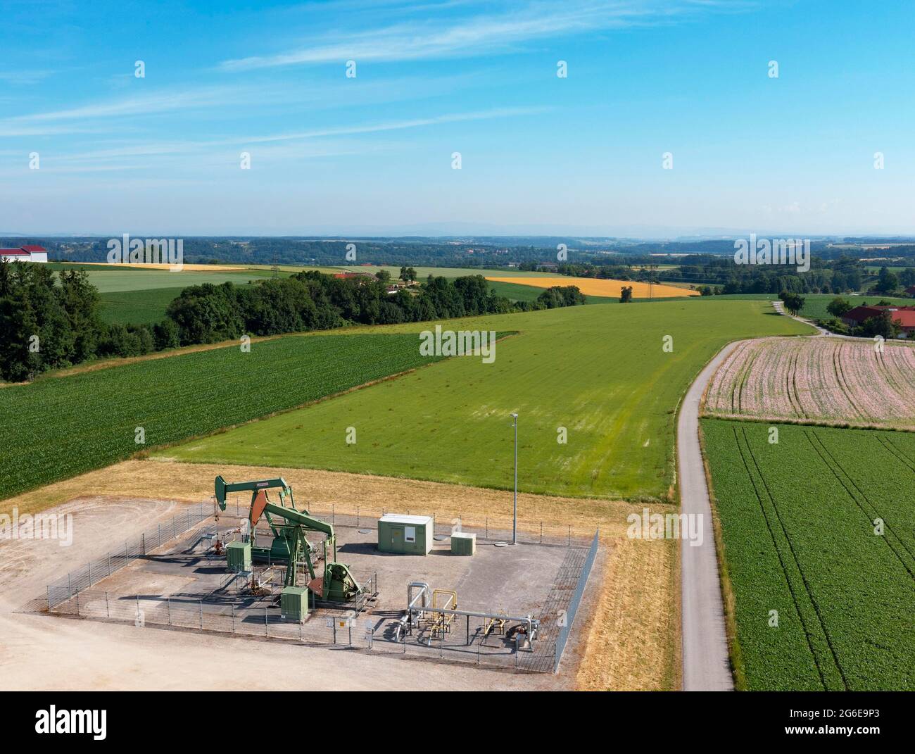 Drone image, pumping station for oil production near Bad Hall, Traunviertel, Upper Austria, Austria Stock Photo