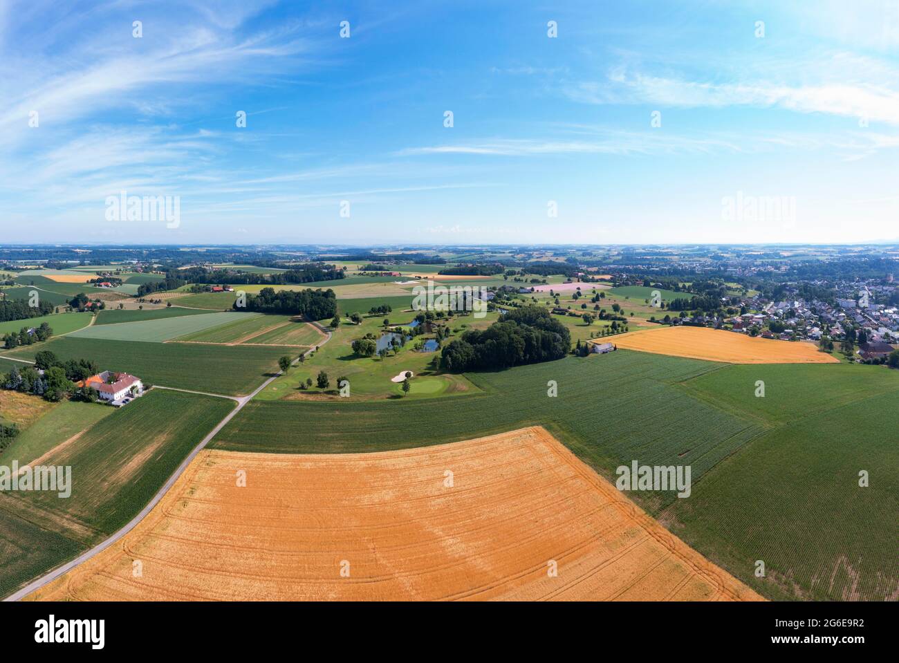 Drone image, agricultural landscape and golf club Herzog Tassilo near Bad Hall, Traunviertel, Upper Austria, Austria Stock Photo