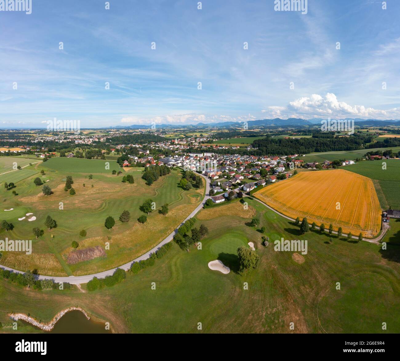 Drone image, agricultural landscape and golf club Herzog Tassilo bei Bad Hall, Pfarrkirchen bei Bad Hall, Traunviertel, Upper Austria, Austria Stock Photo