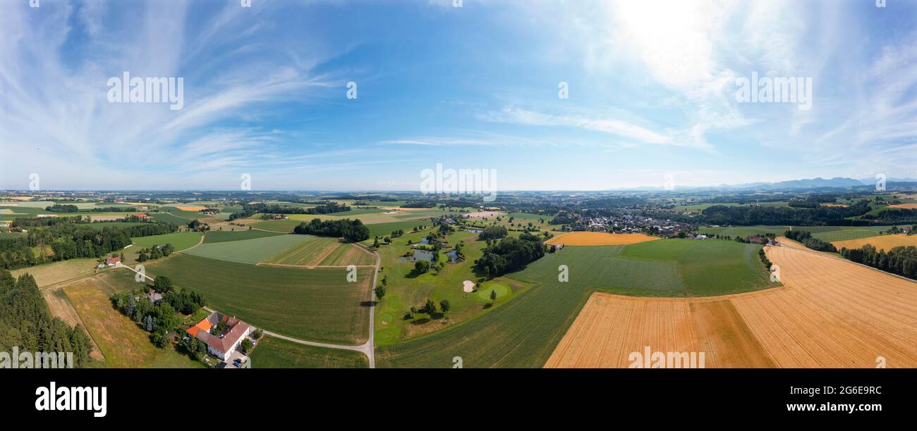 Drone image, agricultural landscape and golf club Herzog Tassilo near Bad Hall, Traunviertel, Upper Austria, Austria Stock Photo