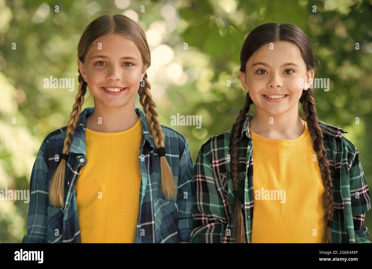 As distinctive as you are. Happy children smile sunny outdoors. Little children enjoy summer holidays. Beauty look of small children. Casual style Stock Photo