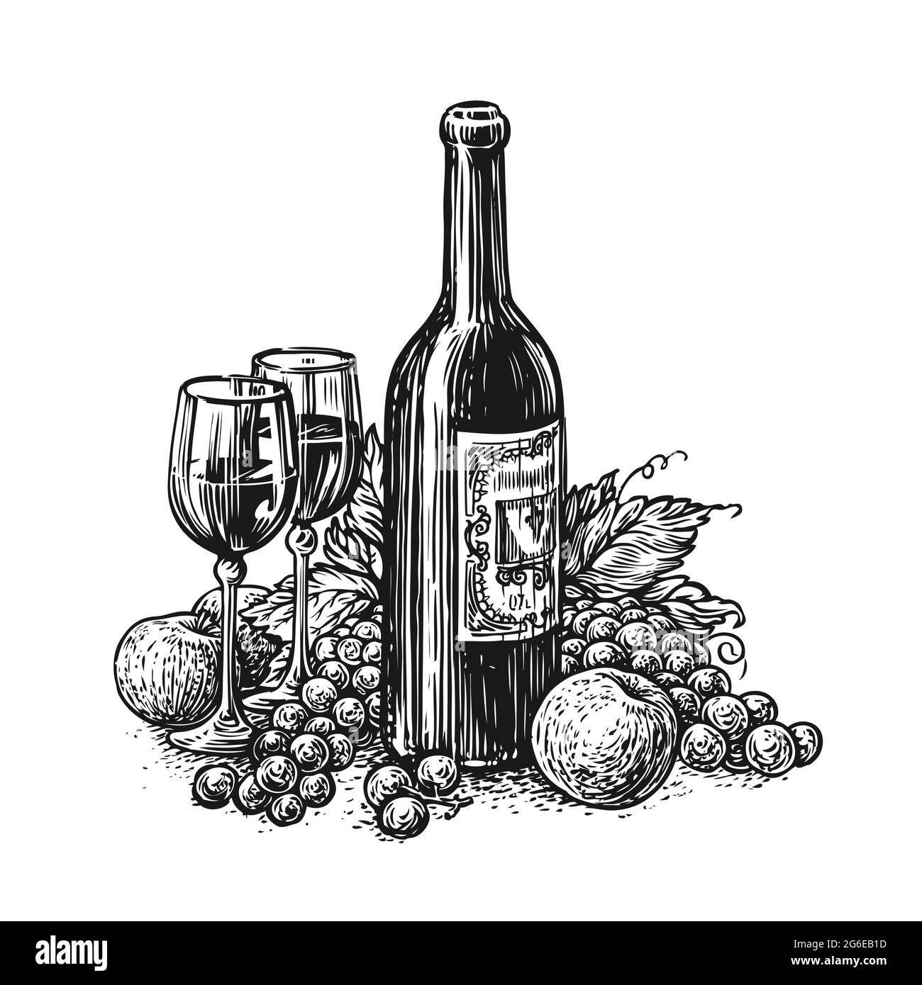 Bottle of wine with two glasses and grapes. Winery, alcoholic drink in engraving style. Sketch vector illustration Stock Vector