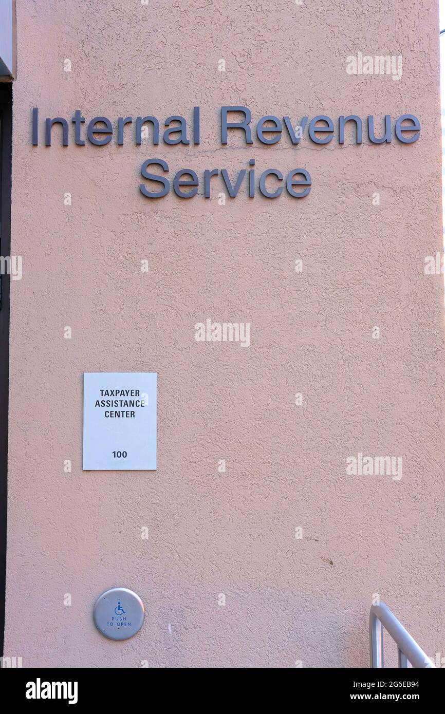 Exterior view of the Internal Revenue Service Taxpayer Assistance Center in San Jose, California; tax customer service center for helping taxpayers. Stock Photo