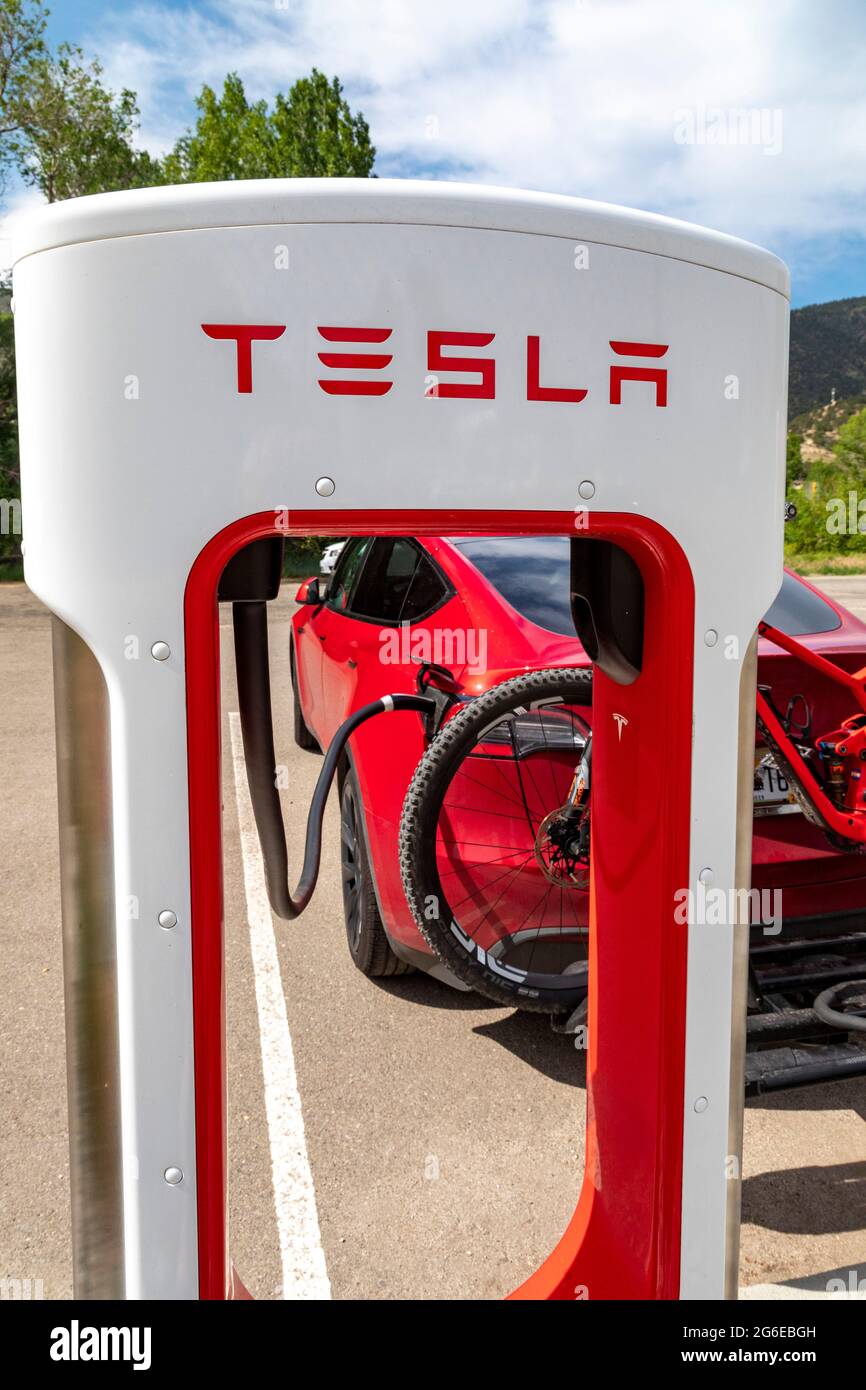 Poncha Springs, Colorado A Tesla electric car charging station Stock