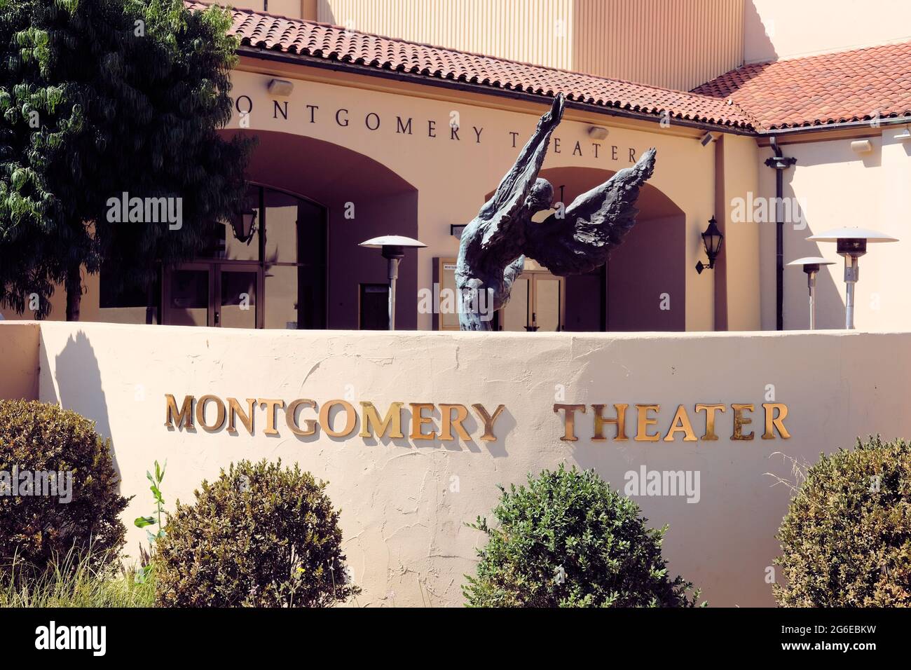 Exterior view of the Montgomery Theater, downtown San Jose, California; built in 1936 it shares a courtyard with the adjacent San Jose Civic theater. Stock Photo