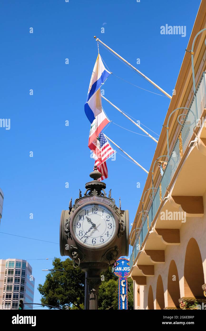 Waterbury Clock donated by the Metro-A Trust Fund on the sidewalk next to the San Jose Civic in downtown San Jose, California; post or street clock. Stock Photo