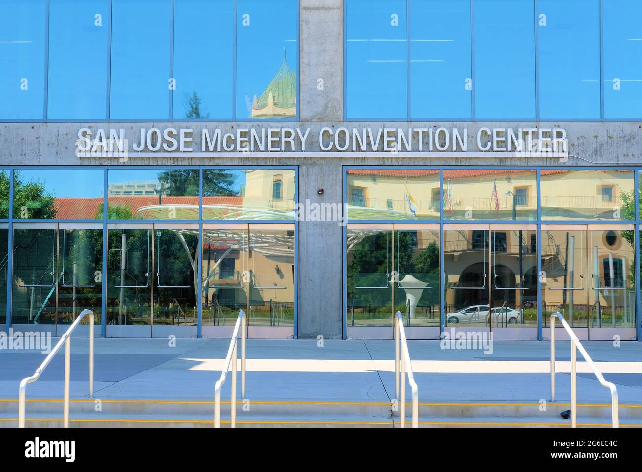 Exterior sign above the main entrance to The San Jose McEnery Convention Center, first opened in 1989, in downtown San Jose, California. Stock Photo