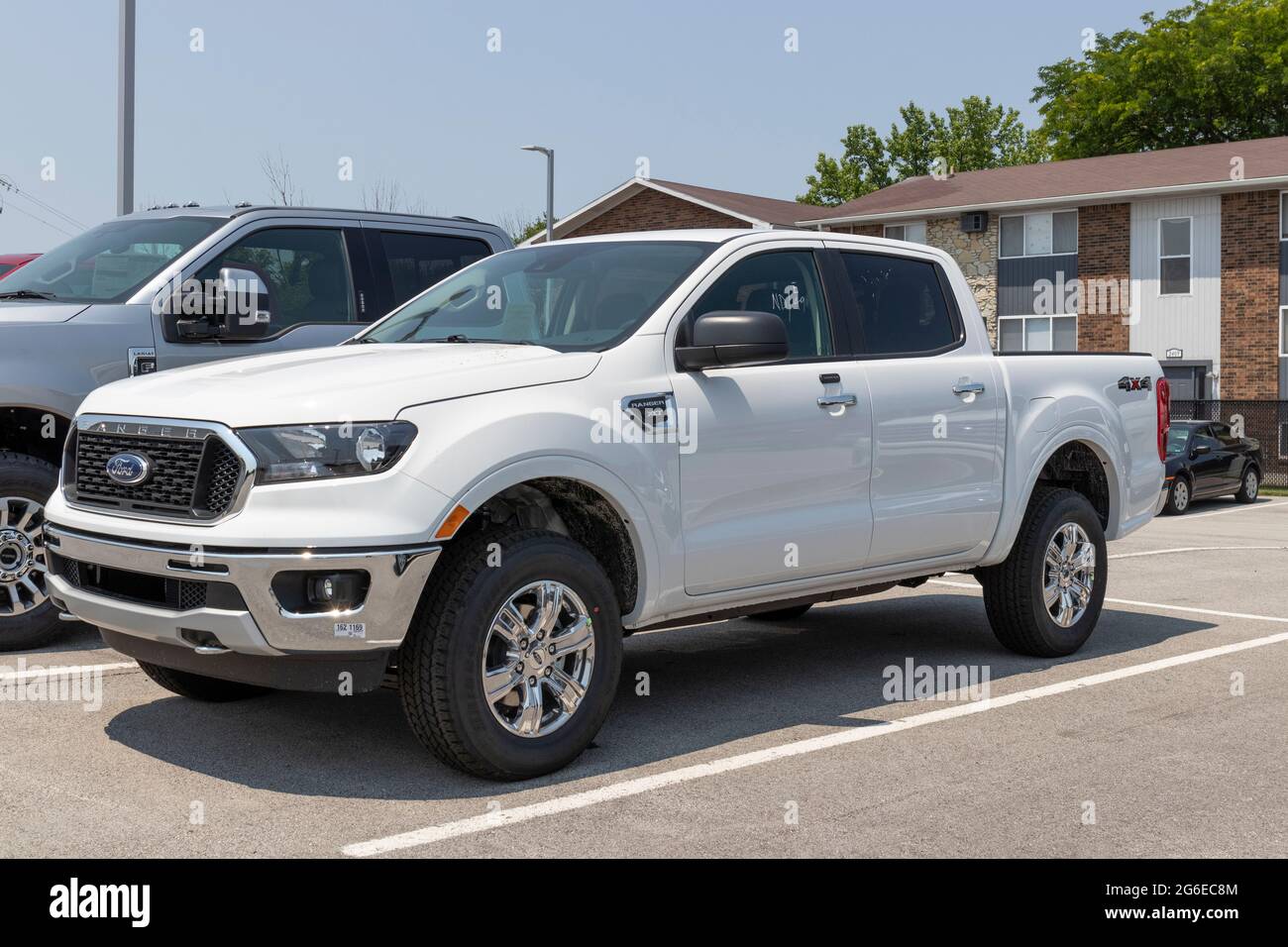 Kokomo - Circa July 2021: Ford Ranger pickup truck display at a dealership. The Ranger name has been used on multiple light duty truck models sold by Stock Photo